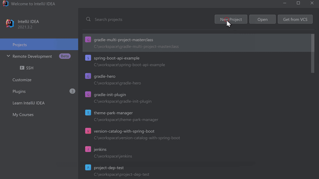 IntelliJ IDEA welcome screen