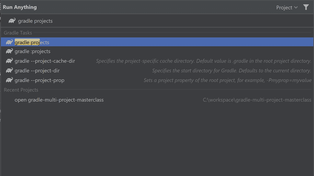 Run anything dialog gradle projects